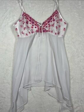 Linda White Sheer Babydoll Slip with Pink Floral Embroidery